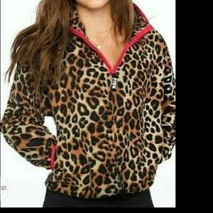 Victoria's Secret XS Pink Leopard Cinch Cropped Fleece Quarter Zip Sweater Top